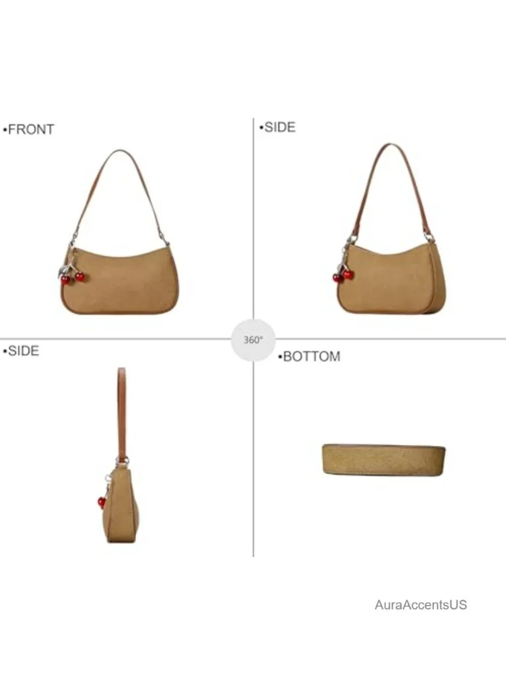 Vegan Canvas Crescent Hobo Shoulder Crossbody Bag with Cherry Charm